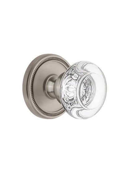 Grandeur Soleil Rosette Door Set with Bordeaux Crystal-Glass Knobs in Satin Nickel.